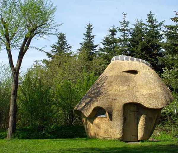 Il a construit un sauna en chaume comme un champignon géant