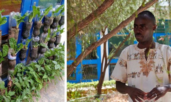 Au Kenya, il cultive un potager dans des bouteilles en plastique pour économiser l'eau